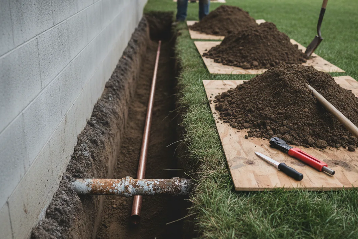 Excavated water line trench during Sewer Line Repair in Mount Holly